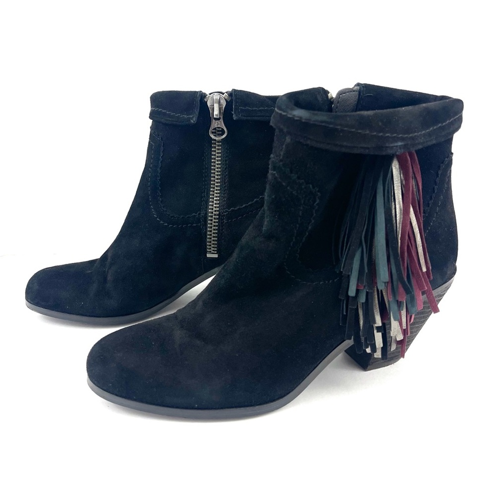 Sam Edelman Louie Fringe Ankle Boot Black Suede Leather with Multicolor Fringe